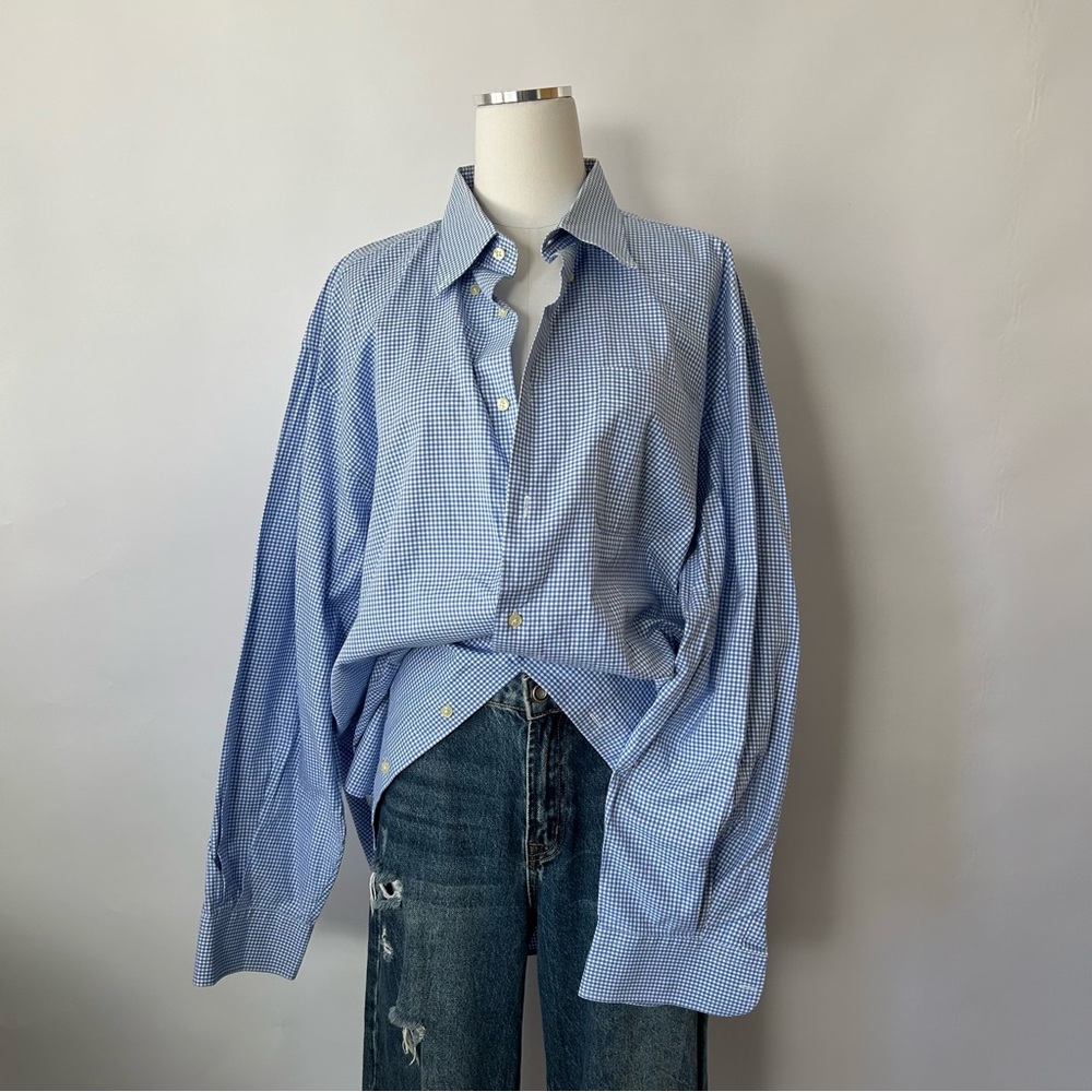 Peter Millar Blue Mini Gingham Check Cotton Button-down shirt. - Picture 2 of 7